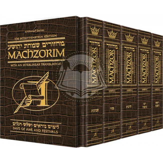 Schottenstein Interlinear Machzor 5 Vol. Set Pocket Size Alligator Leather - Ash     